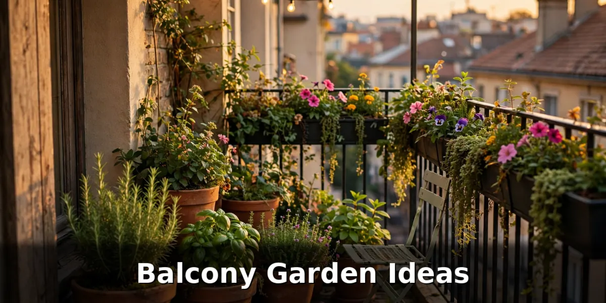 Balcony garden ideas at golden hour with terracotta pots, herbs, flowers and string lights
