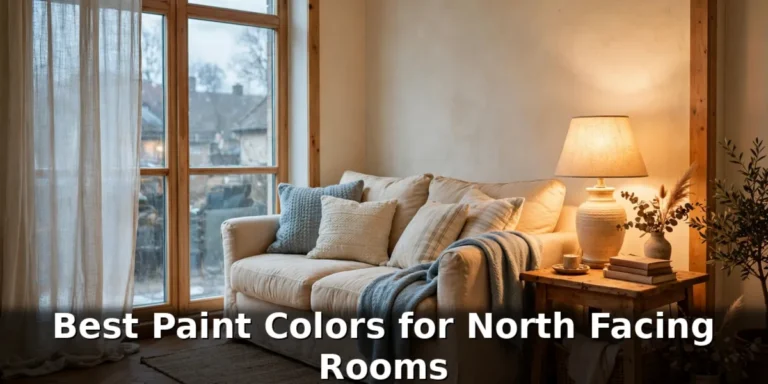 Best paint colors for north facing rooms in a cosy living room with warm cream walls and a glowing lamp