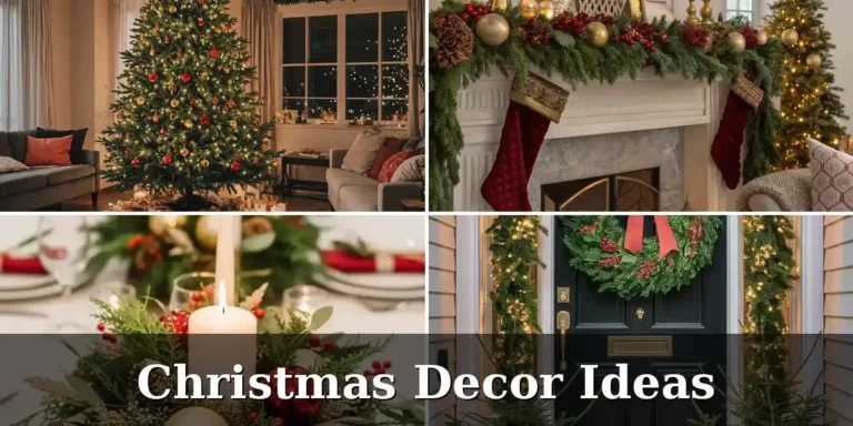 christmas decor ideas: decorated tree, garland mantel, festive table setting and front door wreath in a 2x2 collage
