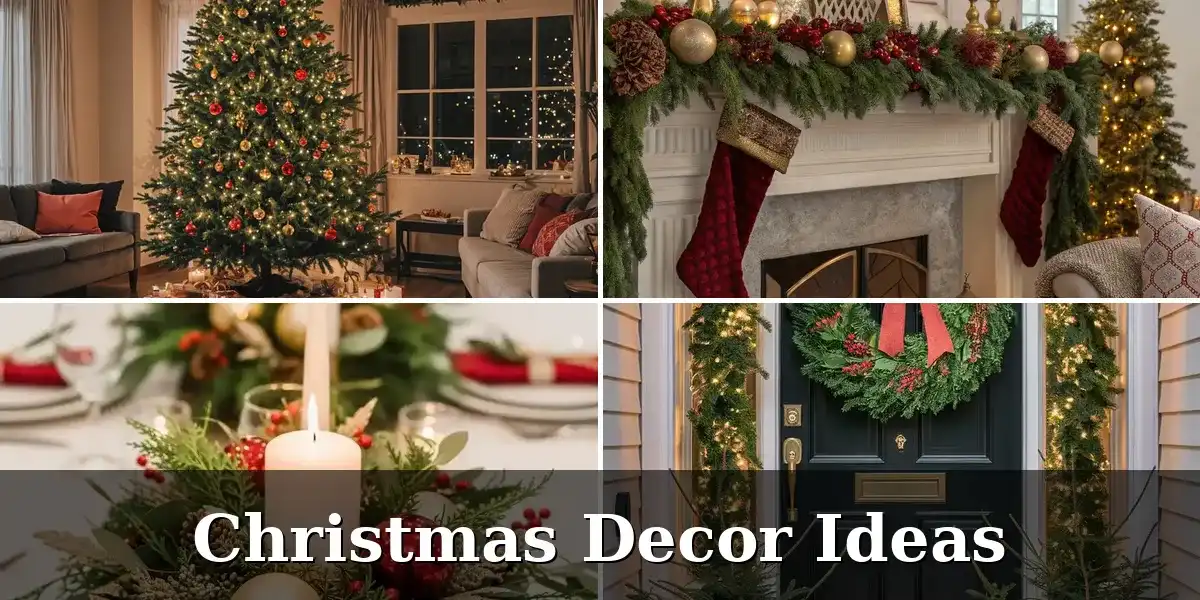 christmas decor ideas: decorated tree, garland mantel, festive table setting and front door wreath in a 2x2 collage