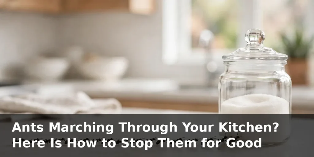 How to get rid of ants in the house begins with the trail: ants marching toward a sugar jar on a kitchen counter