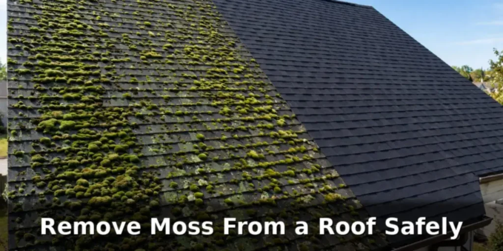 How to remove moss from a roof shown on a shingle roof half covered in green moss and half clean
