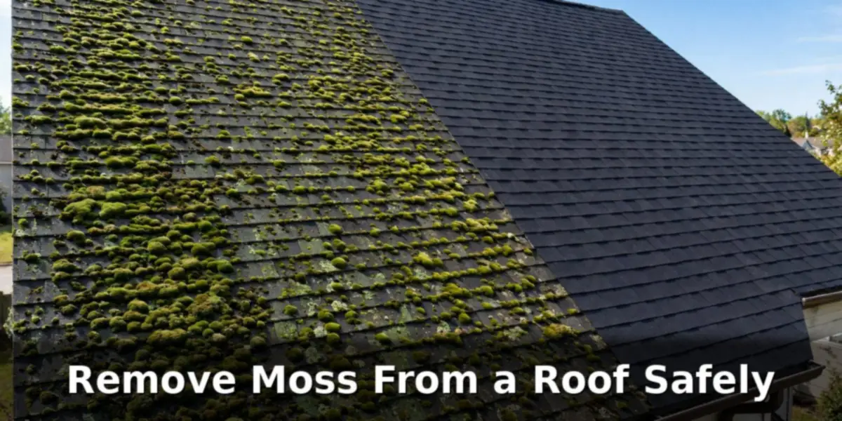 How to remove moss from a roof shown on a shingle roof half covered in green moss and half clean
