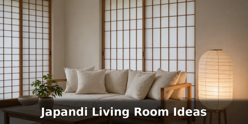Japandi living room ideas in a calm space with a low light-oak sofa, cream cushions and a paper floor lamp