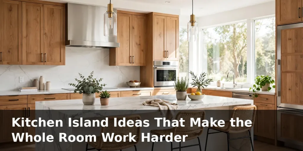 Kitchen island ideas in a bright modern kitchen with a marble island, bar stools and pendant lights