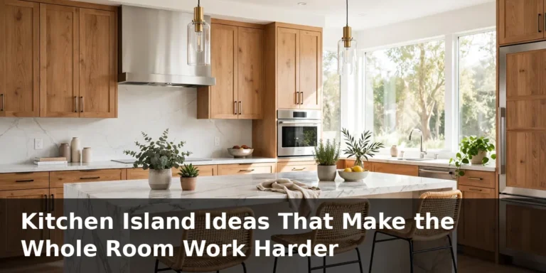 Kitchen island ideas in a bright modern kitchen with a marble island, bar stools and pendant lights