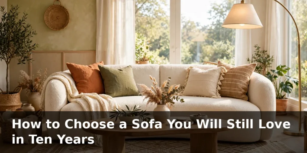 Sofa buying guide hero image: a stylish fabric sofa in a warm, inviting living room