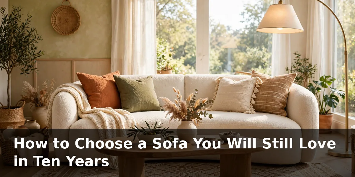 Sofa buying guide hero image: a stylish fabric sofa in a warm, inviting living room