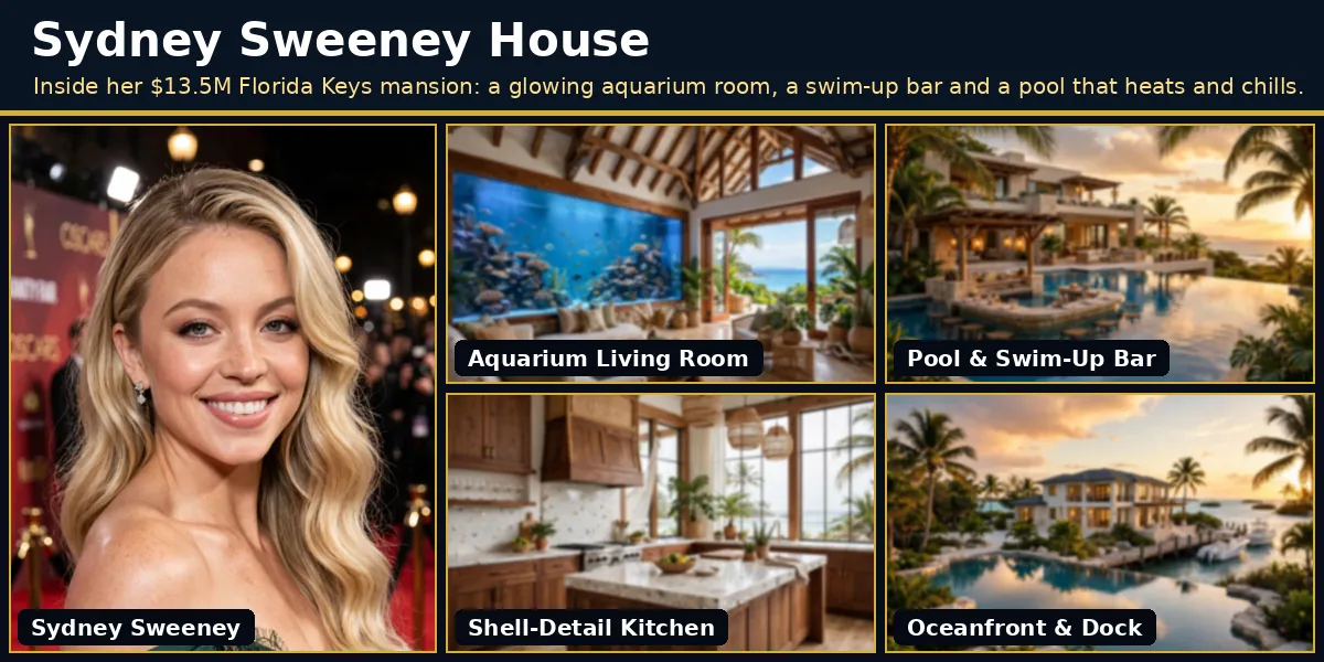 Sydney Sweeney house in Summerland Key Florida at sunset with infinity pool, palm trees and oceanfront dock