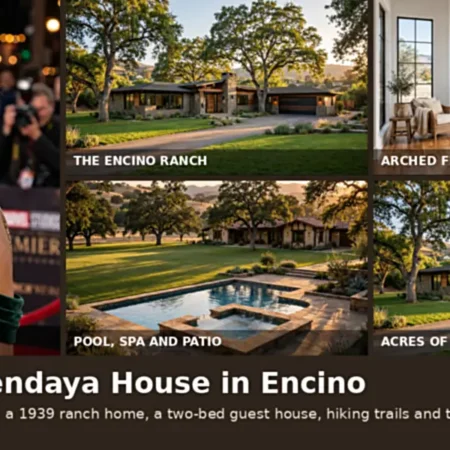 Zendaya house in Encino at golden hour with ranch lawns, oak trees and the actress in one frame