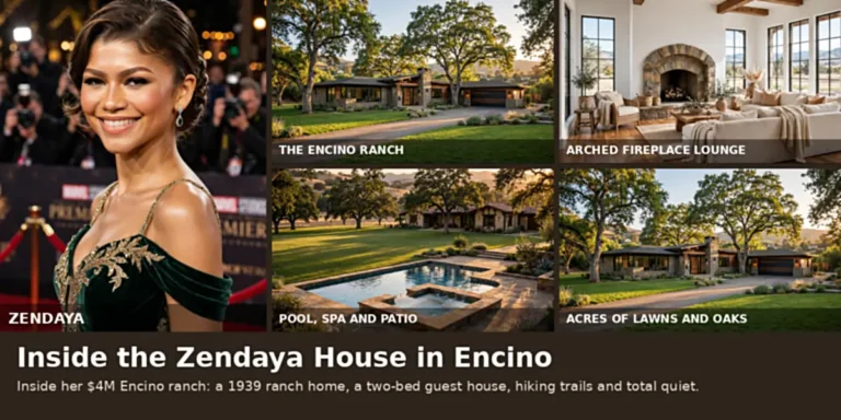 Zendaya house in Encino at golden hour with ranch lawns, oak trees and the actress in one frame