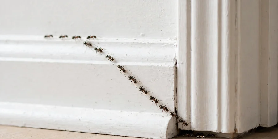 A line of ants following a trail along a skirting board to their entry point