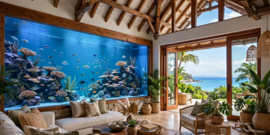 Living room inside Sydney Sweeney's Florida home with a 330-gallon aquarium wall, cathedral ceilings and ocean views