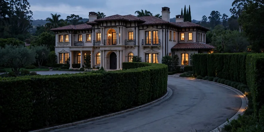 A big Beverly Hills house at dusk, grand and quiet