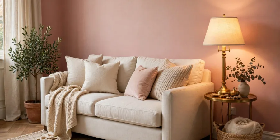 Blush pink painted wall in a cosy living room corner with a cream sofa and brass lamp