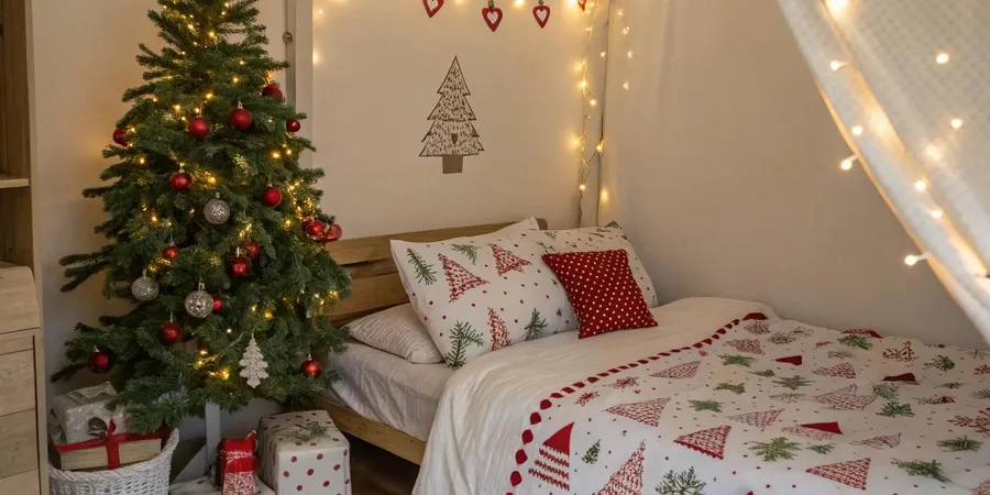 Christmas bedroom decor ideas with fairy lights on the headboard