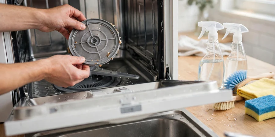 Hands removing the filter from the bottom of an open dishwasher for cleaning