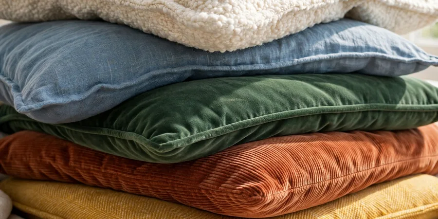 Sofa cushions in different fabrics and colours showing texture and fill options