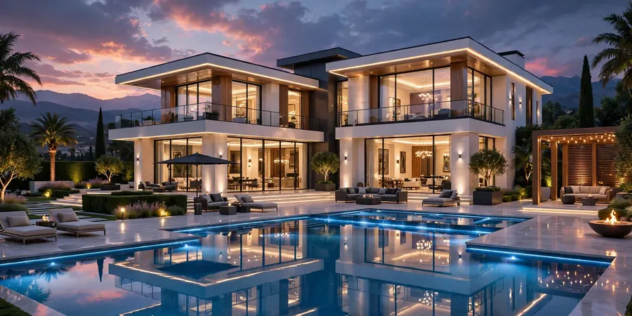 A glossy computer rendered mansion of the kind fake Pedro Pascal house tours use online