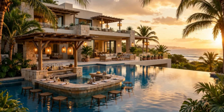 Saltwater infinity pool with swim-up bar at Sydney Sweeney's oceanfront mansion in the Florida Keys at sunset