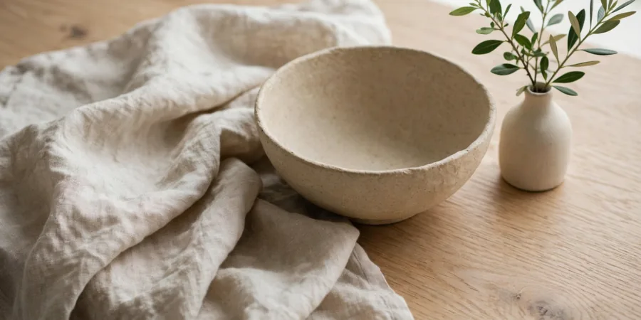 Japandi textures close up with light oak wood, linen fabric and a ceramic bowl