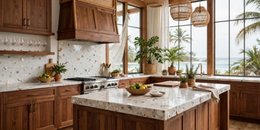 Chef's kitchen in Sydney Sweeney's Florida Keys home with marble counters, nautilus shell details and custom wood cabinets