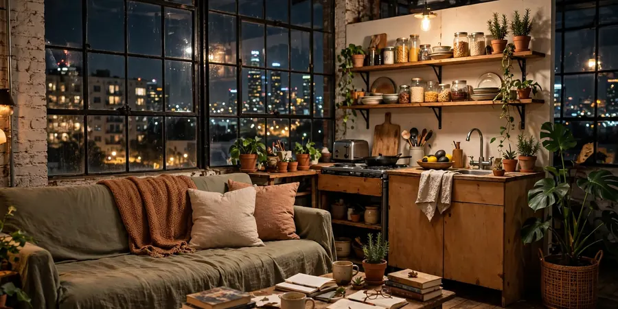 Inside a modest rented loft in Los Angeles with big windows and simple furniture