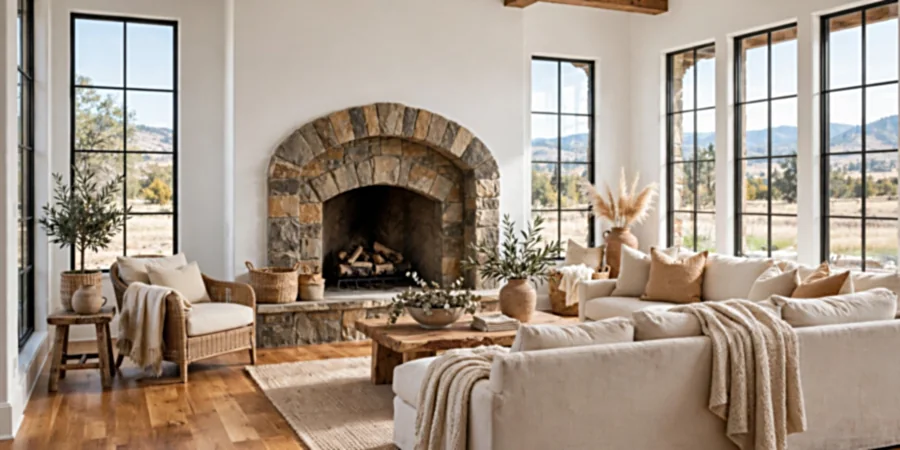 Living room inside Zendaya's Encino home with hardwood floors, white walls and an arched stone fireplace