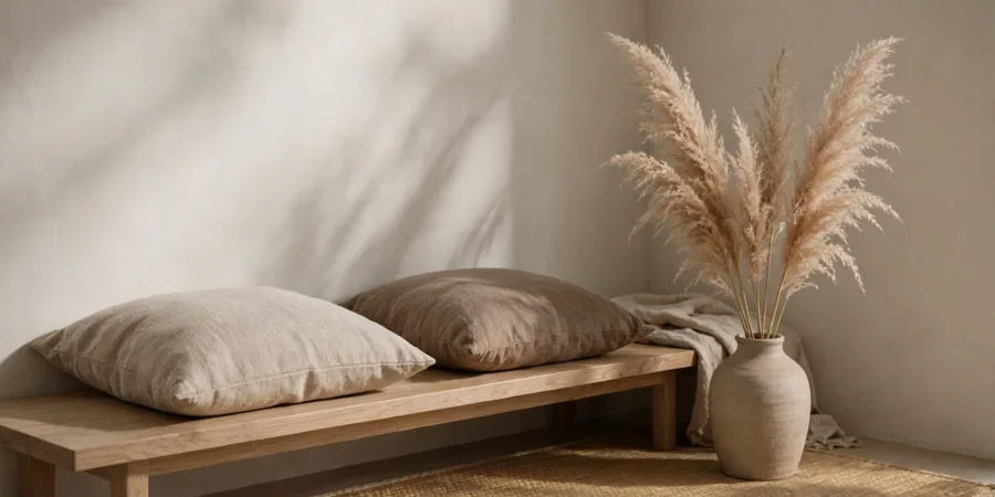 Low oak bench and floor cushions in a Japandi style living room corner