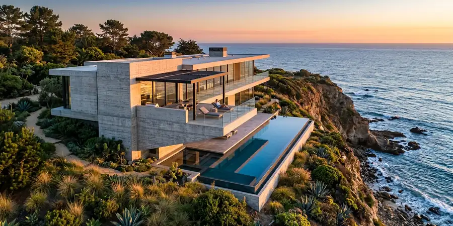 beyonce house: concrete arrival facade in Malibu