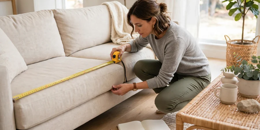 Measuring a sofa with a tape measure before buying, sofa buying guide step one