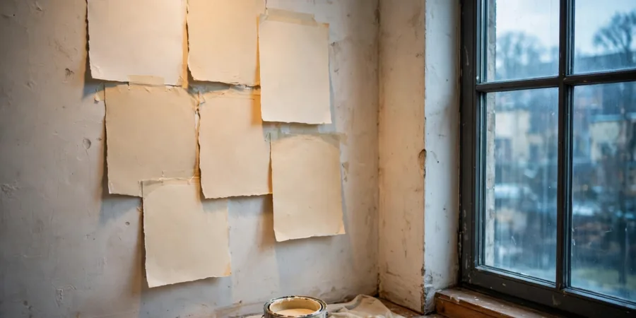 Large warm white and cream paint swatches taped on a wall beside a window