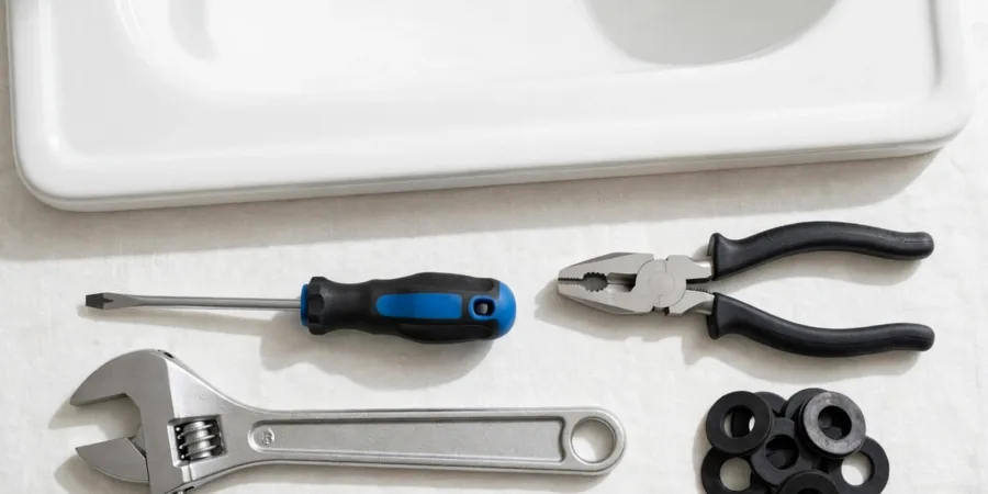 Plumber tools and new rubber tap washers laid out beside a white sink