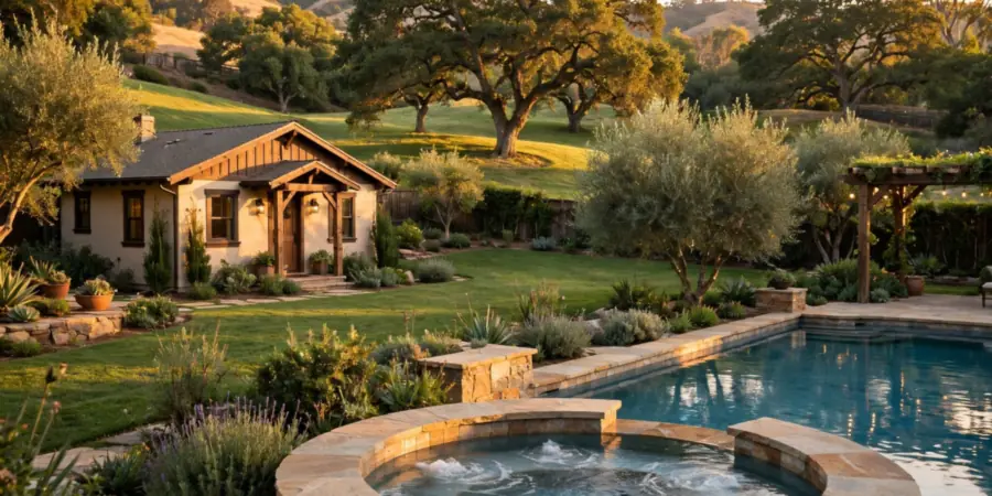 Zendaya house Encino ranch backyard with pool, guest house and private lawns