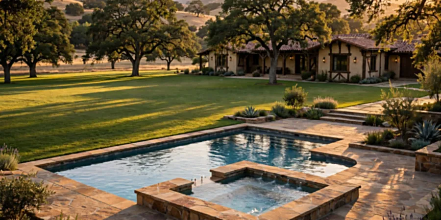Backyard pool and spa at Zendaya's Encino ranch with stone patio, wide lawns and oak trees