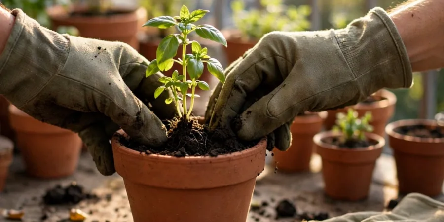 Hands potting a herb plant into a terracotta pot with fresh soil