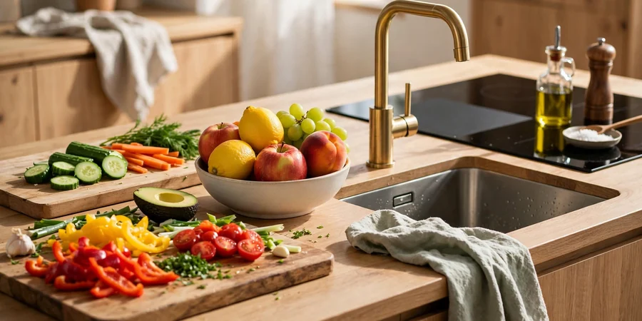 Kitchen island used for meal prep with cutting boards, fresh vegetables and a built in sink