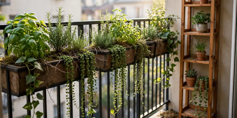 Balcony railing planters with herbs and a wooden shelf of pots