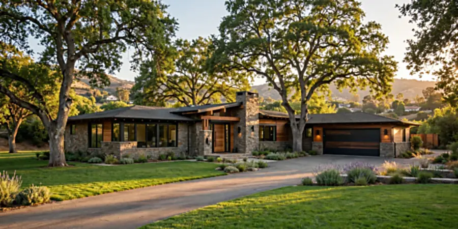 Front view of Zendaya's ranch style home in Encino with long driveway, lawns and mature trees