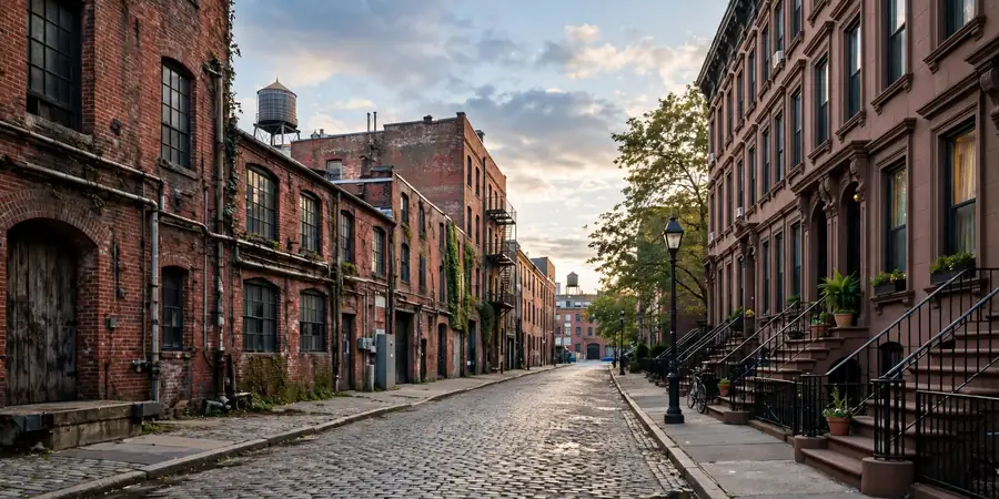 Red Hook Brooklyn street with old brick buildings where Pedro Pascal lived for 12 years