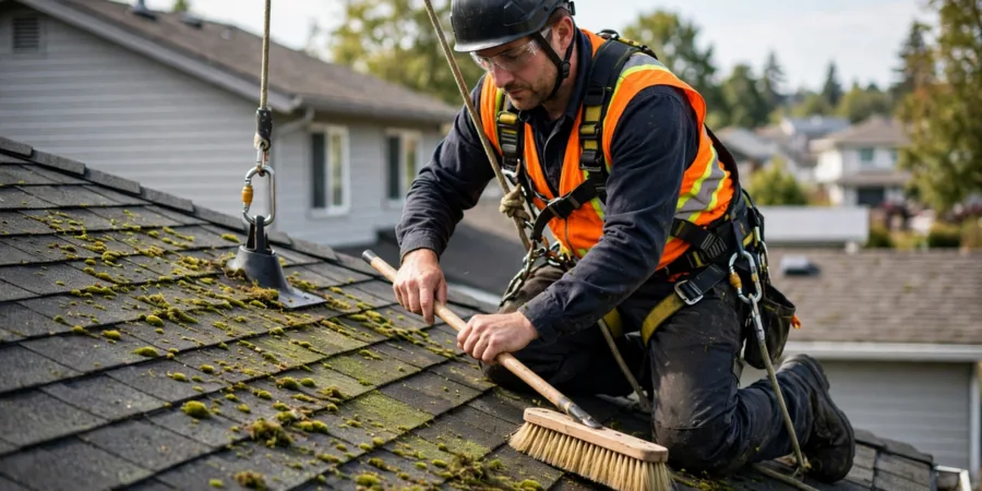 Roofer with a safety harness brushing moss off asphalt shingles by hand