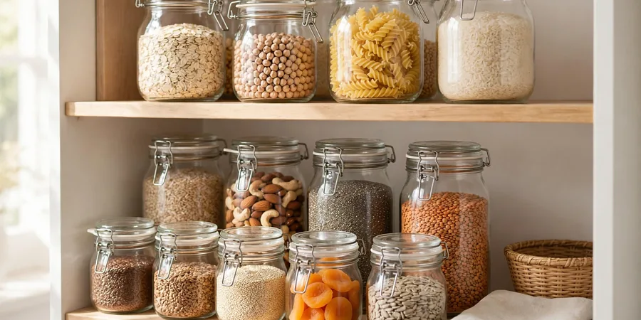 Food stored in sealed glass containers on a tidy pantry shelf