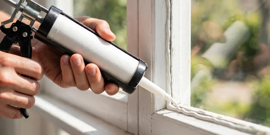 Sealing a crack along a window frame with a caulk tube to block ants
