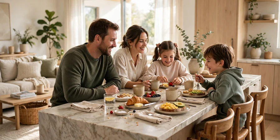 Family gathered around a kitchen island with breakfast plates and coffee cups