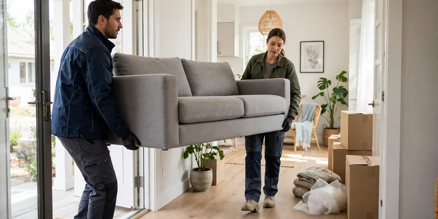 Delivery workers carrying a new sofa through a front doorway