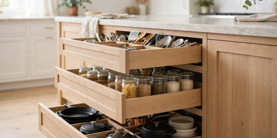 Kitchen island drawers open showing organised pots, jars and utensils