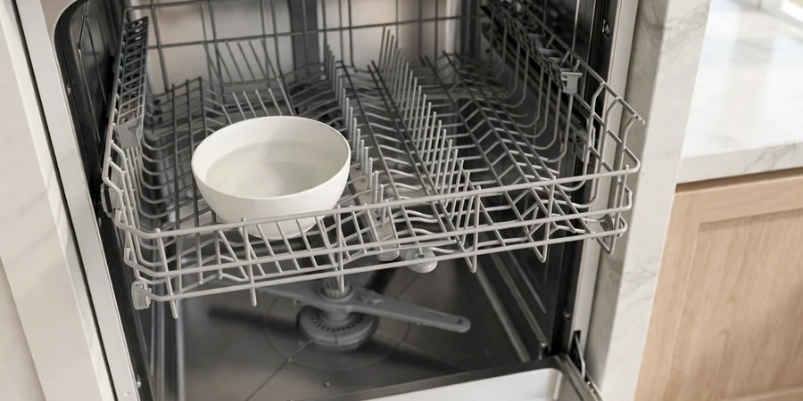A bowl of white vinegar on the top rack of an empty dishwasher before a hot cycle