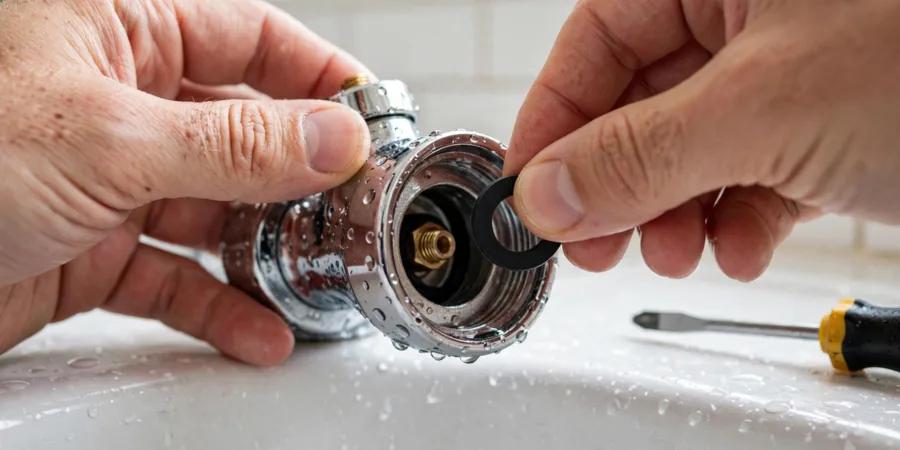 Hands fitting a new rubber washer into a chrome tap assembly over a sink