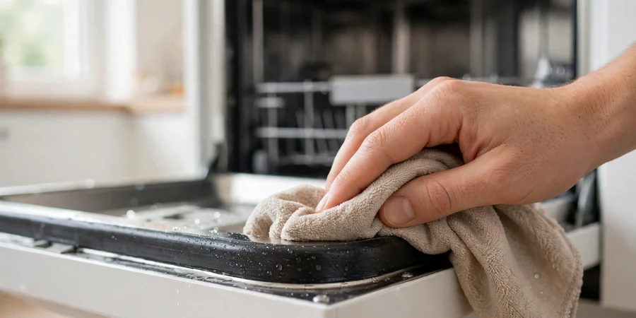 Wiping the rubber door seal of a dishwasher with a soft cloth