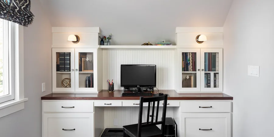 loft conversion ideas: attic home office with built in desk and eaves storage